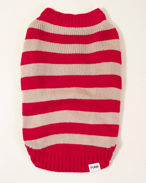Dog sweater vest in red with candy stripe pattern, adding a playful and vibrant touch to your pet&