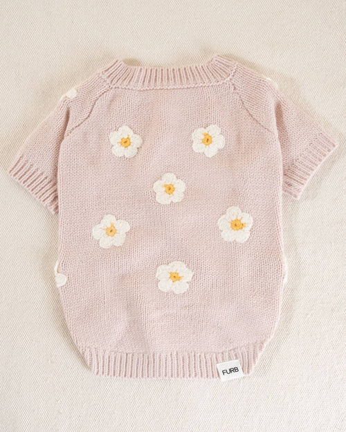 Charming pink sweater with daisy design for small to medium dogs, a perfect addition to your pup&