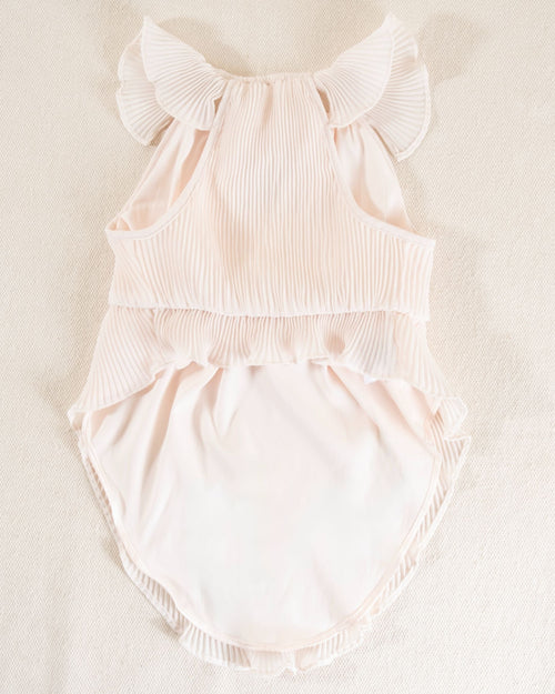 Charming pink chiffon dress for small dog breeds like Shih Tzus and French Bulldogs.