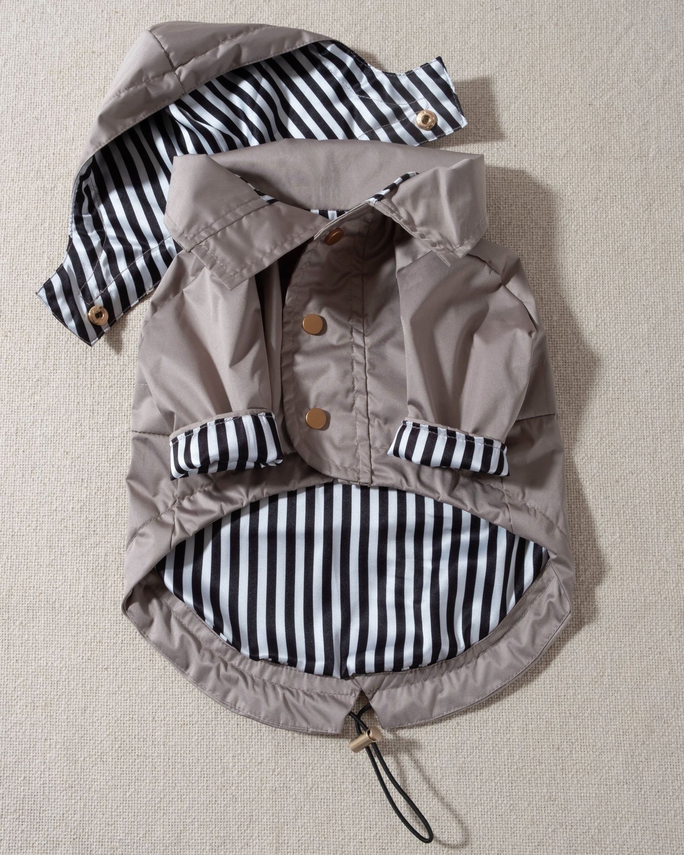 taupe dog raincoat with striped lining and removable hood