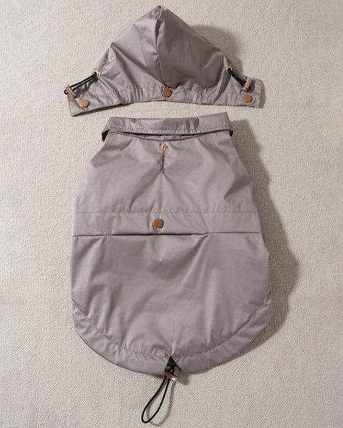 taupe dog raincoat with striped lining and removable hood. pug raincoat 
