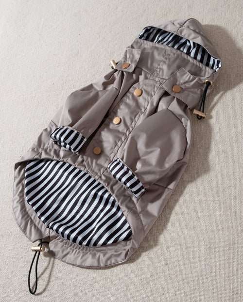taupe dog raincoat with striped lining and removable hood. chihuahua rain jacket 