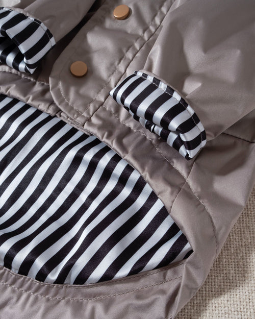 taupe dog raincoat with striped lining and removable hood. raincoat chihuahua 