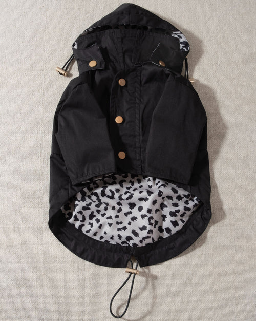 black dog raincoat with leopard print lining and removable hood. pug dog raincoat 