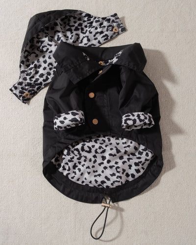 black dog raincoat with leopard print lining and removable hood