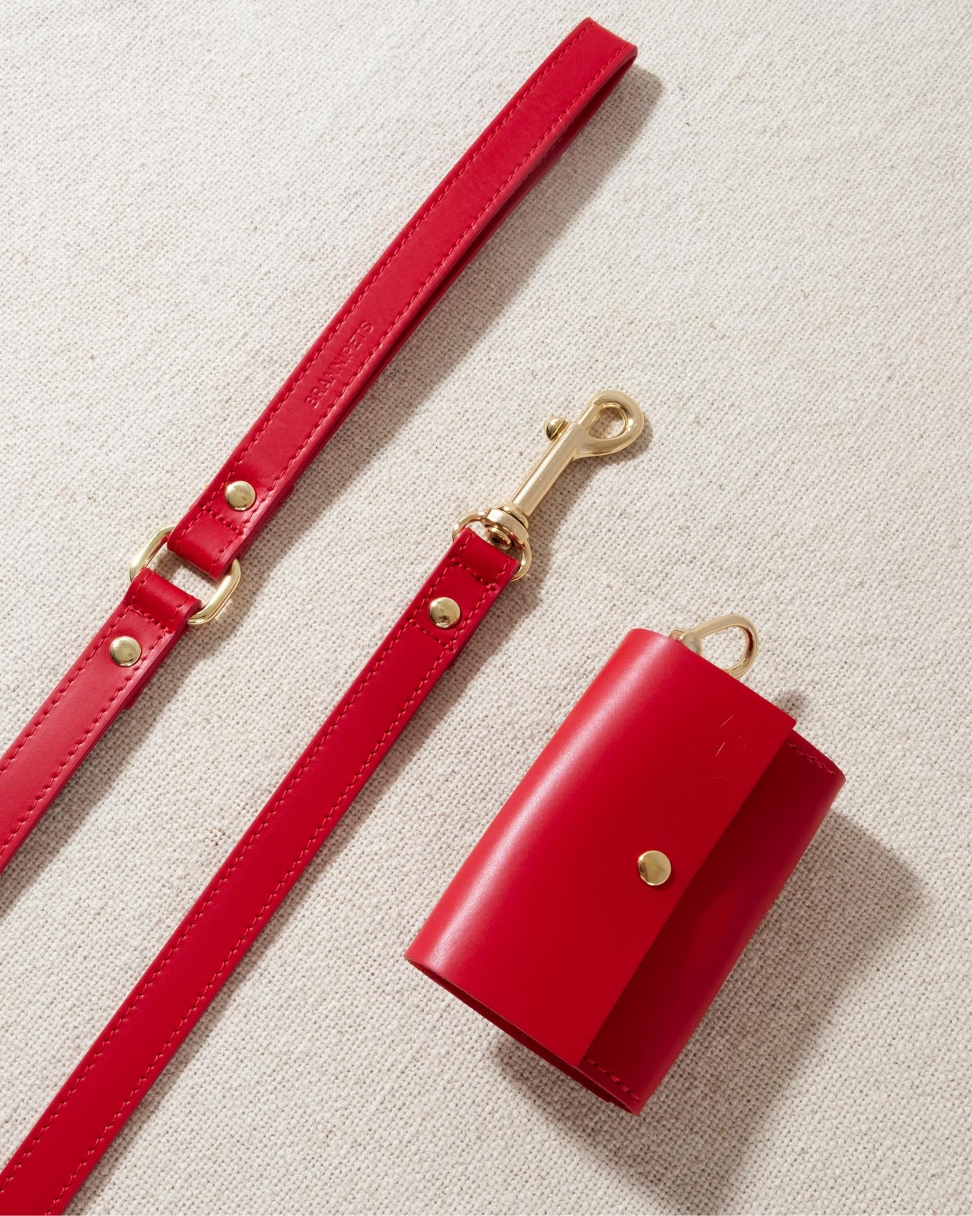 red leather dog leash with gold accents