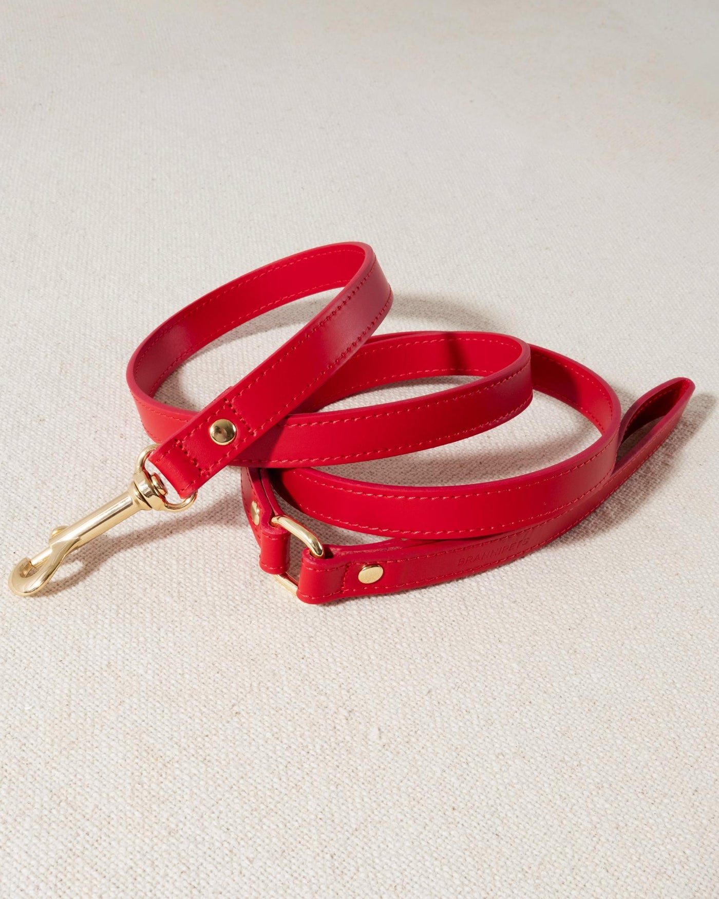 red leather dog leash with gold accents