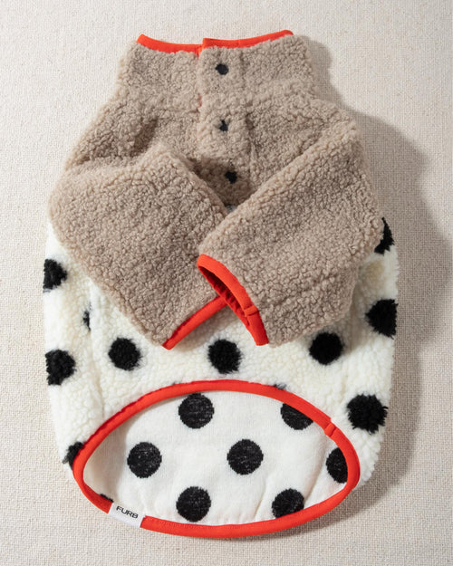 black and white polka dot and tan with coral half button sherpa and fleece dog pullover. dog sweater beagle 