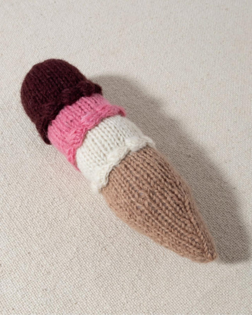 Three-scoop ice cream dog toy with a crochet design, perfect for your pup&
