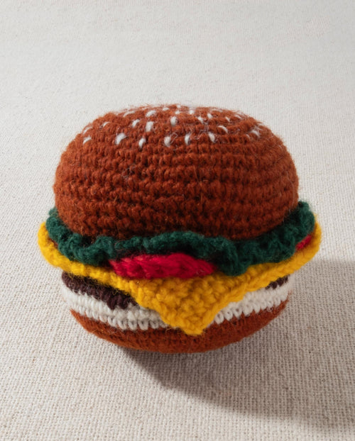 hand knit crochet brown hamburger dog toy