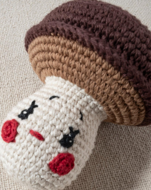 brown and ivory hand knit crochet mushroom dog toy with a smiley face and rosy cheeks