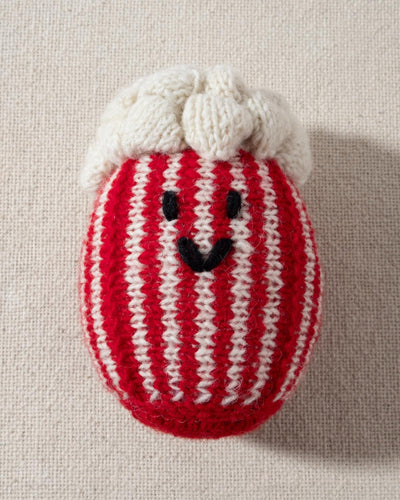 red and white hand knit crochet popcorn dog toy