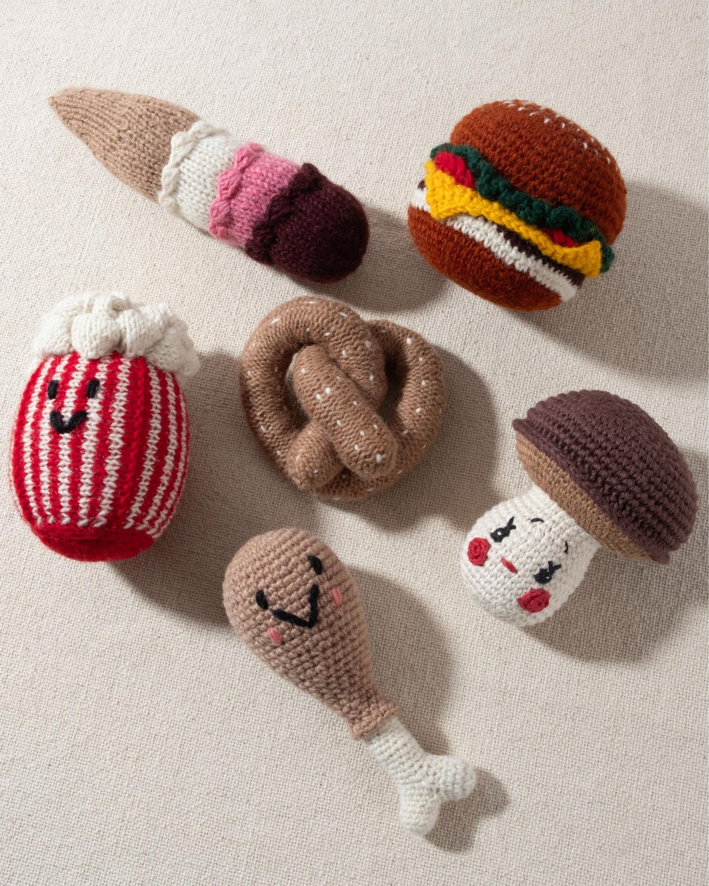 hand knit crochet brown hamburger dog toy