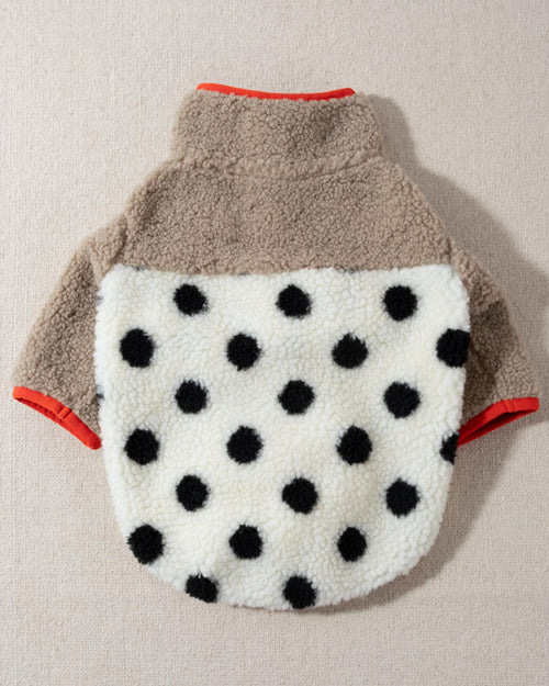 Big black polka dot print covers ivory sherpa on the bottom half of this cozy pullover, with a creamy, tan fleece top half, with black buttons for a half-open look. A brilliant coral red trim on the cuffs, neck, and bottom hem add the perfect modern touch for the ultimate street style.. dog fleece sweaters for beagles 