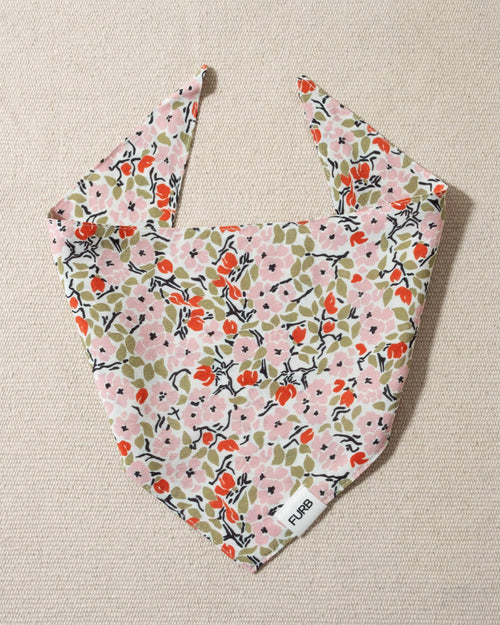 white and multi floral dog bandana and tasteful furb logo