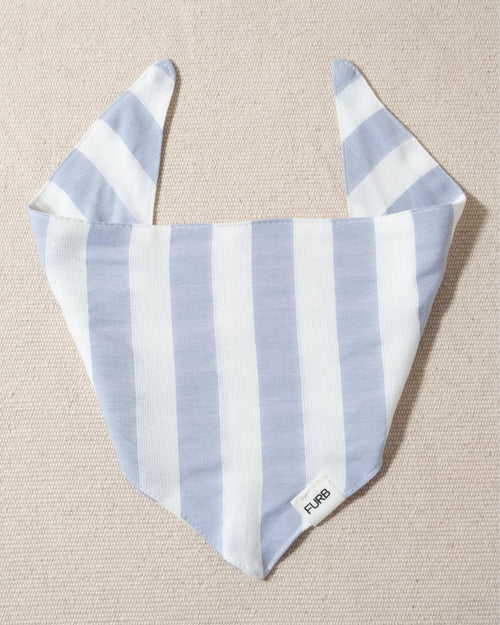 blue and white striped dog bandana with tasteful furb tag