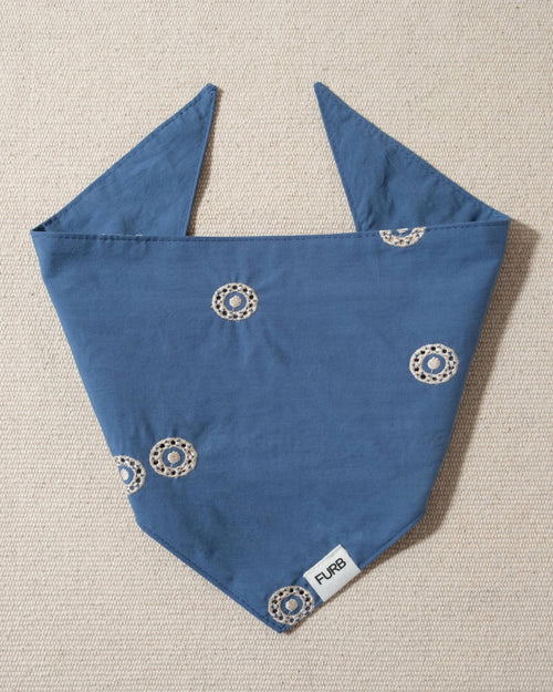blue dog bandana with white embroidery and tasteful furb logo