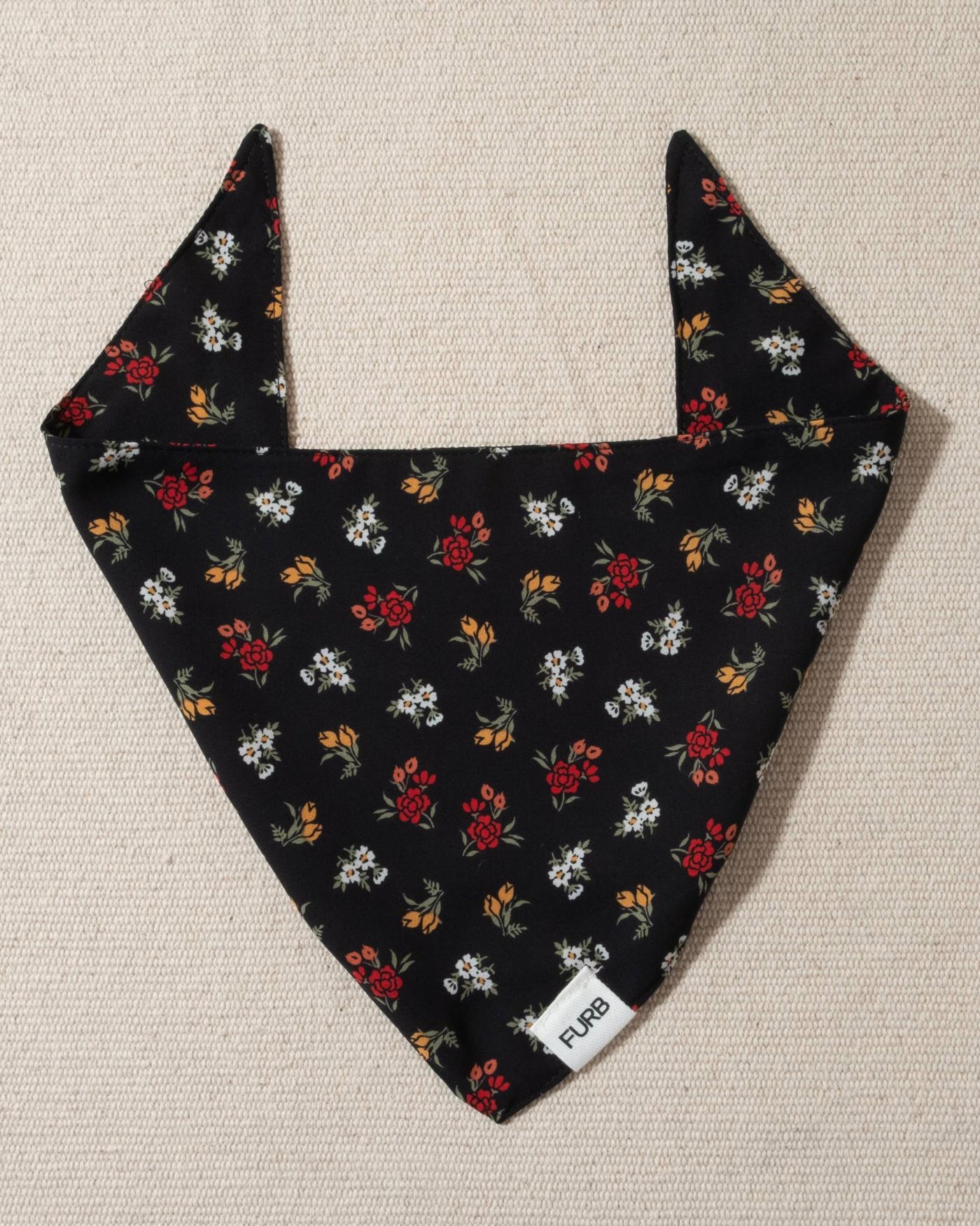 black dog bandana with multi floral print and tasteful furb tag