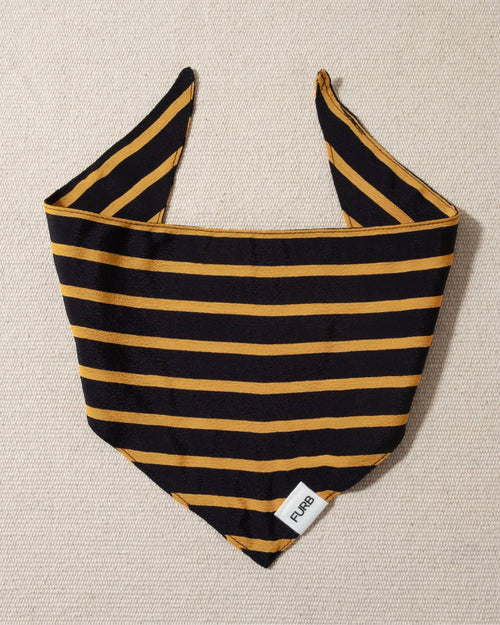 Elegant black and gold striped dog bandana, perfect for stylish dogs.