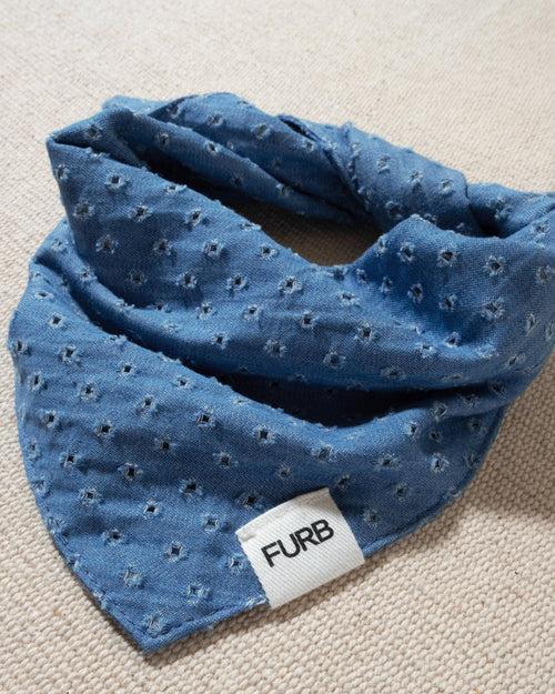 blue denim eyelet dog bandana with tasteful furb tag