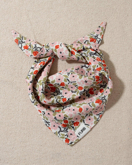 white and multi floral dog bandana and tasteful furb logo