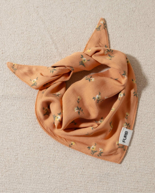 peach floral dog bandana and tasteful furb logo