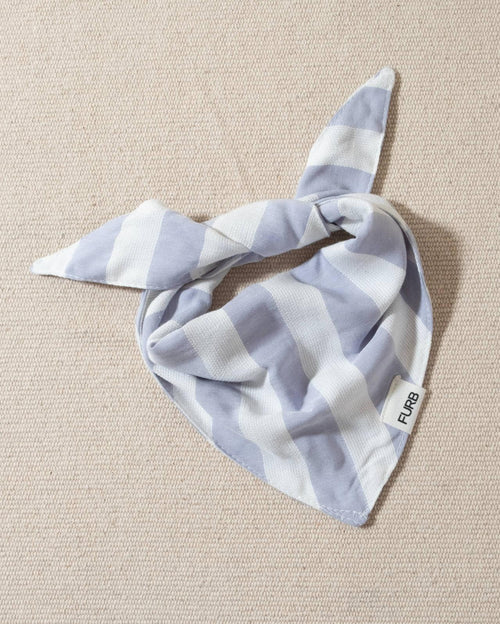 blue and white striped dog bandana with tasteful furb tag