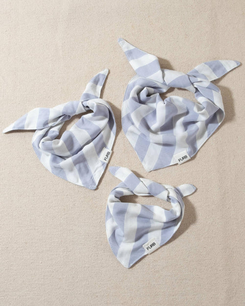 blue and white striped dog bandana with tasteful furb tag