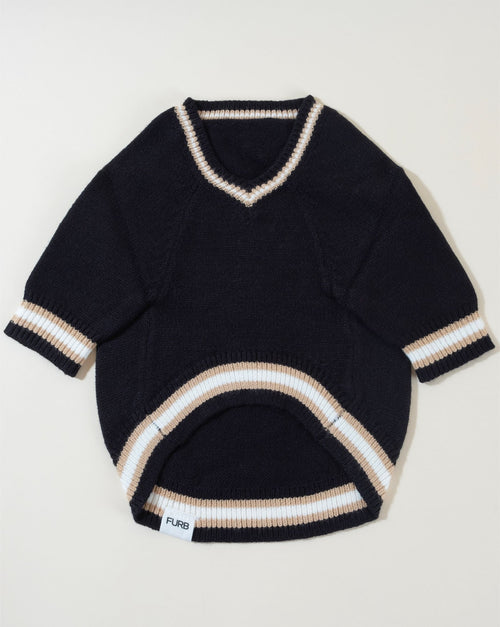 Trendy black varsity dog sweater for a stylish look, ideal for fashionable pups like French Bulldogs and Pugs.