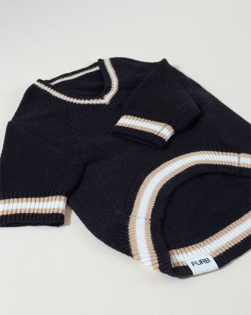 Fashionable black varsity dog sweater for trendy pets, ideal for breeds like Pugs and Bulldogs.