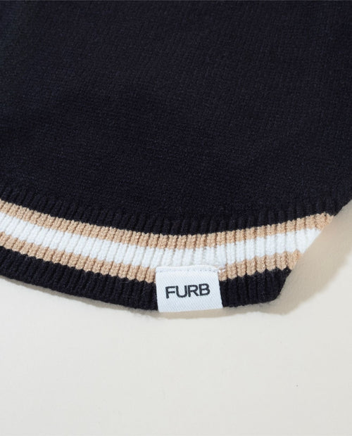 Elegant black dog sweater with varsity style for a chic appearance, great for dogs like Yorkies and Miniature Schnauzers.