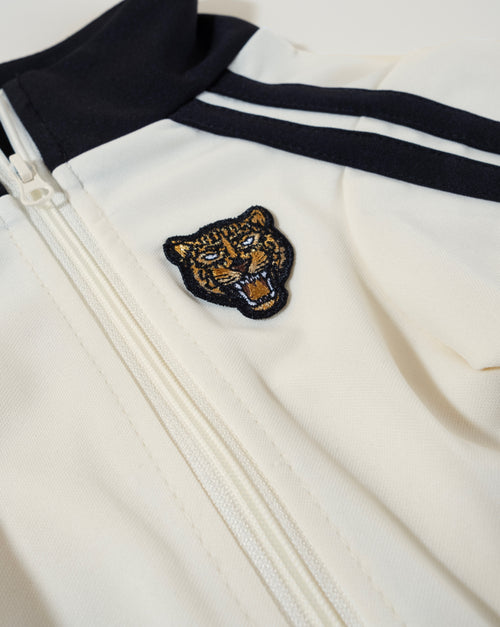 Ivory + black track jacket. French Bulldog stripe track hoodie for stylish pups.