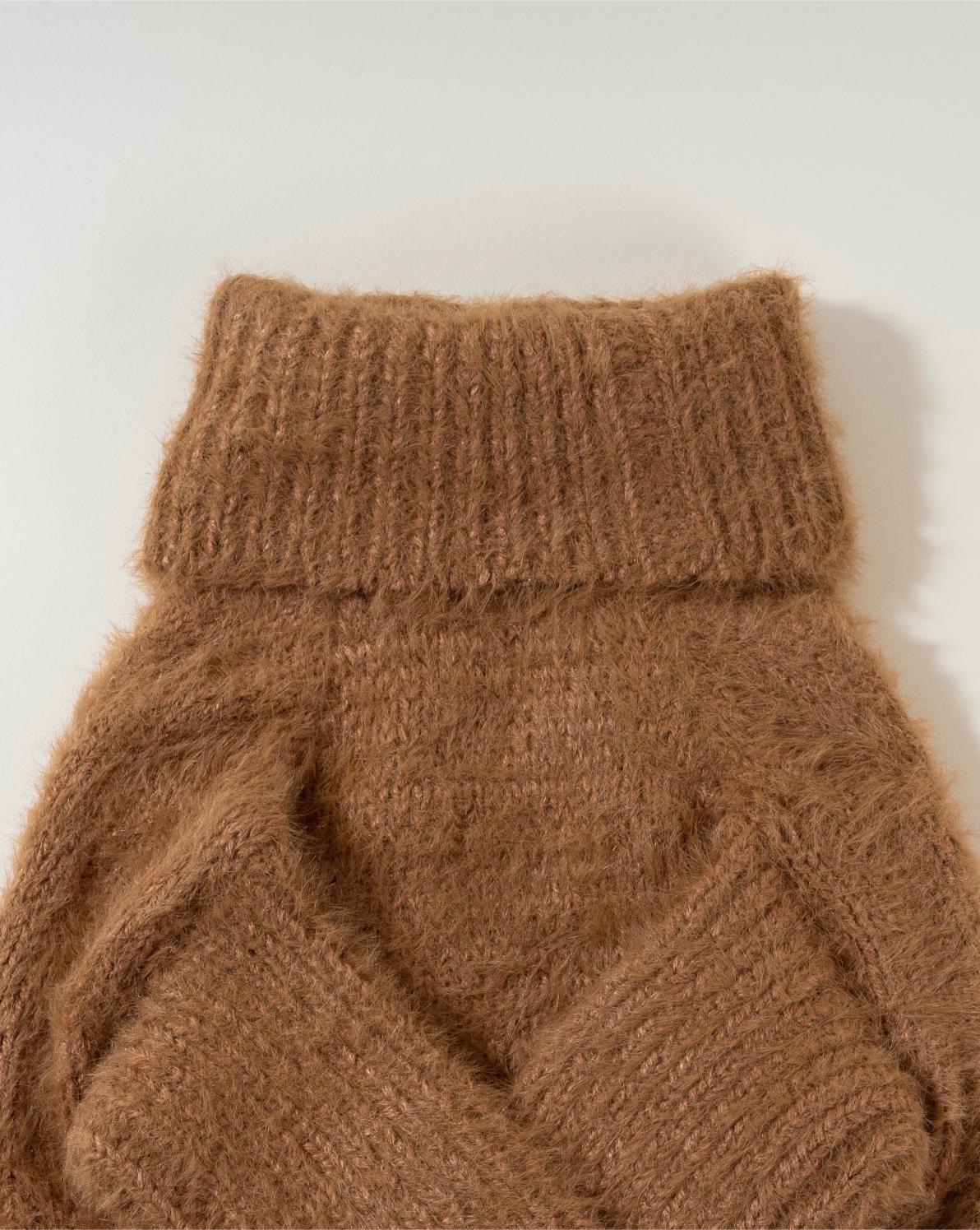 Brown eyelash knit dog sweater, designed for ultimate warmth and style for your furry friend.