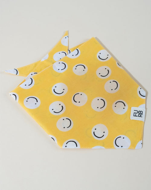 Fun yellow smiley face dog bandana, perfect for adding a pop of color to your dog’s outfit.