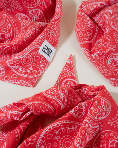 Bright red print dog bandana for any occasion, adding style to your pup’s wardrobe.