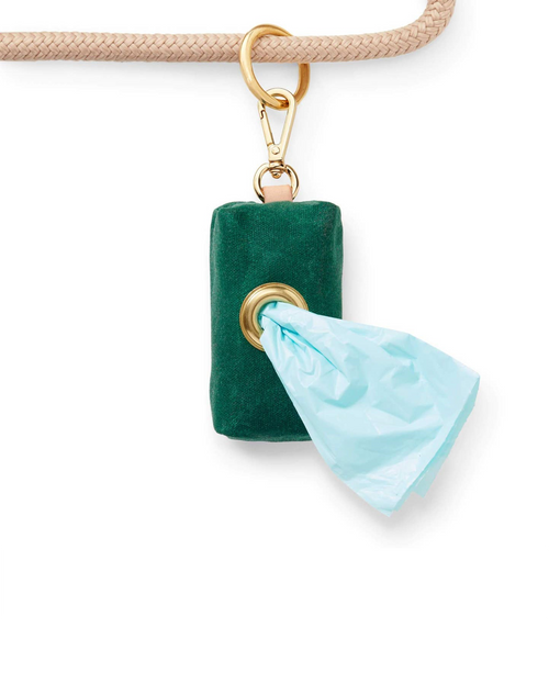 Waxed green cotton canvas is complete with elevated brass hardware. Sleek clasp easily attaches to your leash&