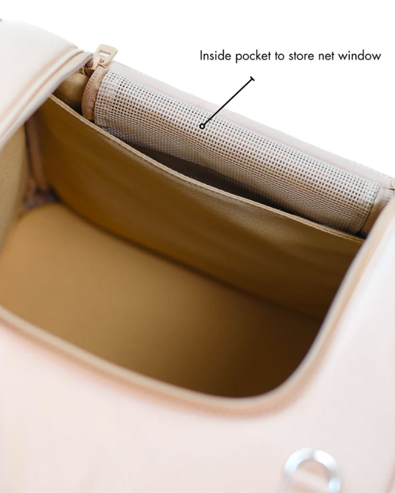 Versatile Pet Carrier Backpack in tan, providing comfort and security for your pet on the go.