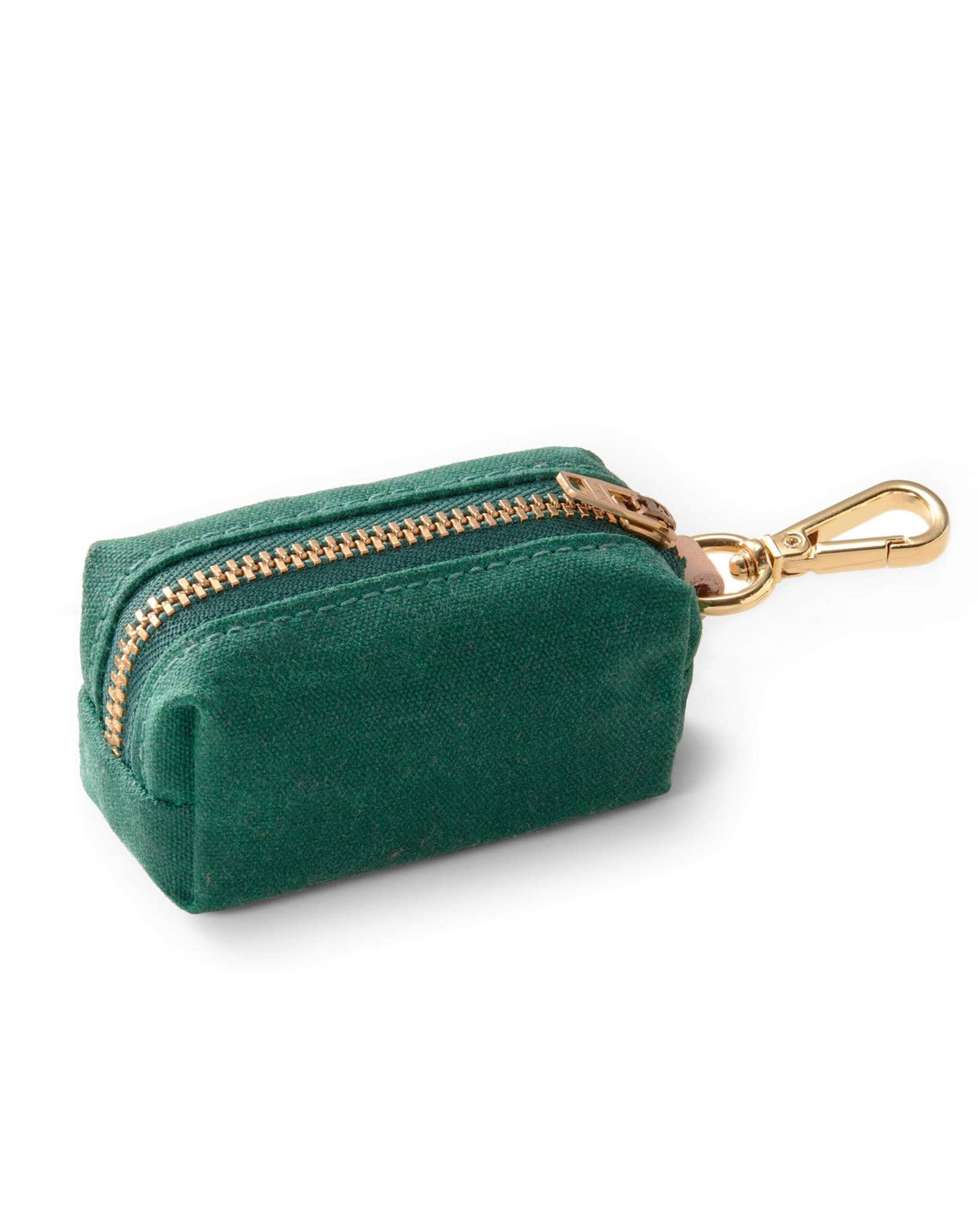 Waxed green cotton canvas is complete with elevated brass hardware. Sleek clasp easily attaches to your leash's O ring. There's no mess left behind with this adorable accessory.