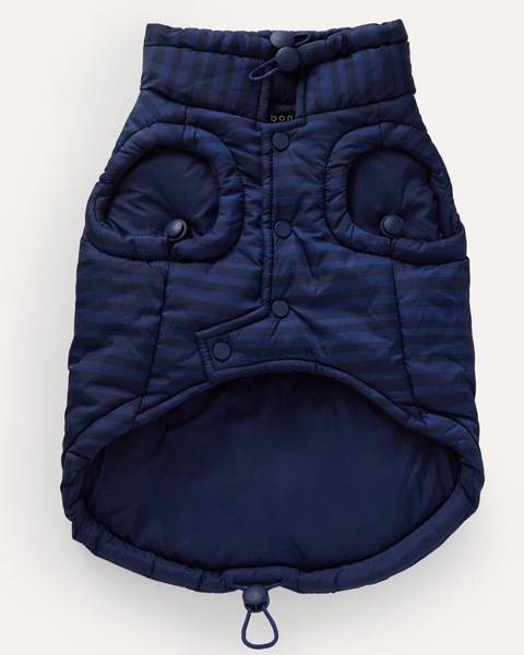 Stylish blue striped dog jacket, perfect for small to medium breeds like Chihuahuas and French Bulldogs.