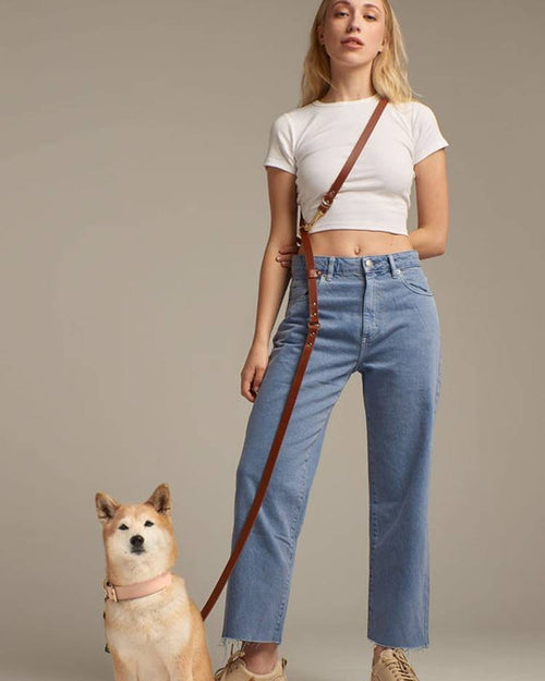 Brown leather leash designed for multi-position use, perfect for active dogs.