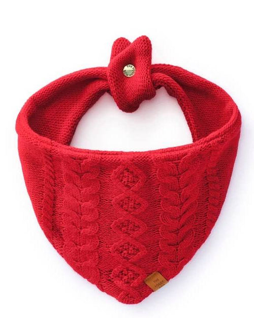 Cozy red cable knit dog bandana for small and large breeds like French bulldogs, dachshunds, and golden retrievers, perfect winter accessory