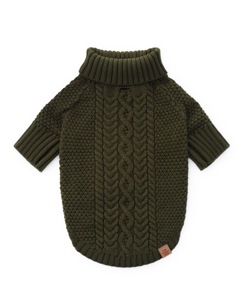 Cozy olive cable knit dog sweater on a small breed, featuring adjustable sleeves for the perfect fit.
