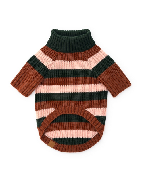 Bold Stripe Dog Sweater in brown/tan, designed for warmth and comfort during winter walks.