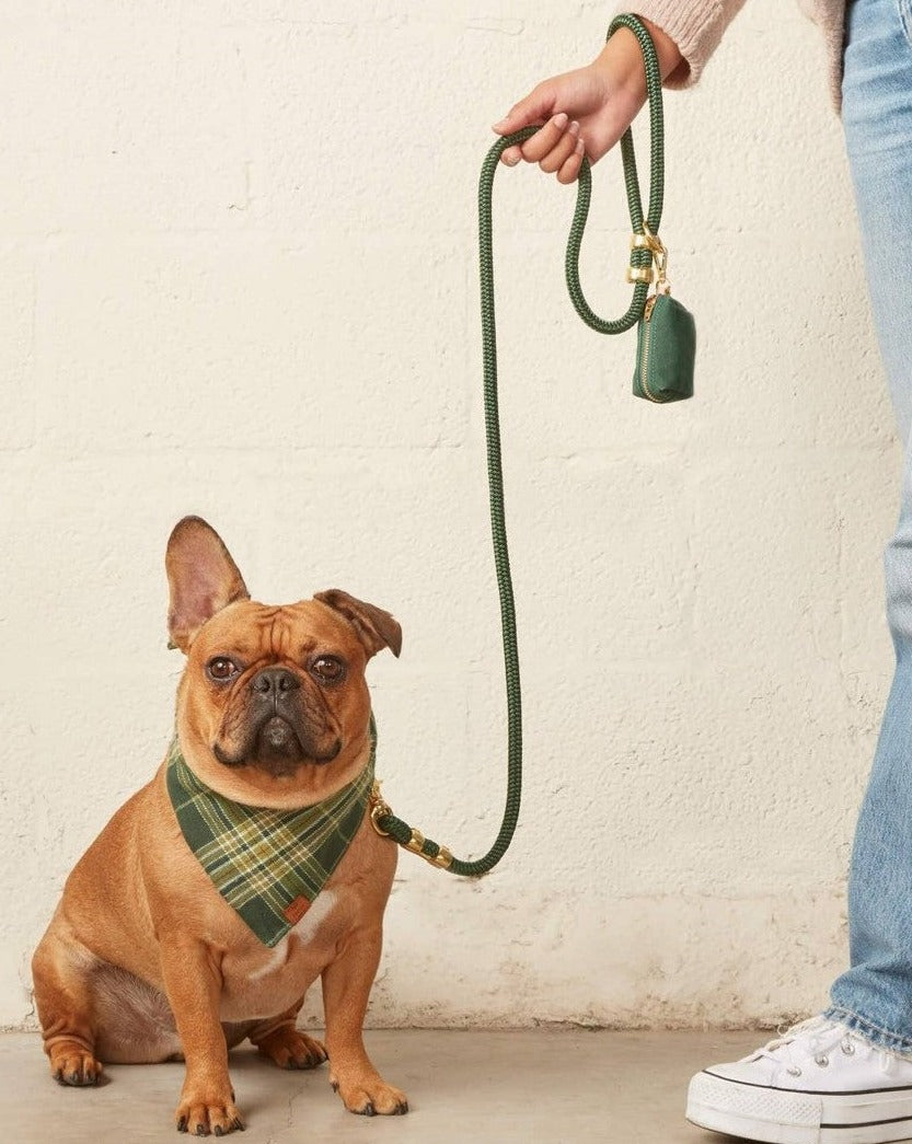 Waxed green cotton canvas is complete with elevated brass hardware. Sleek clasp easily attaches to your leash's O ring. There's no mess left behind with this adorable accessory.