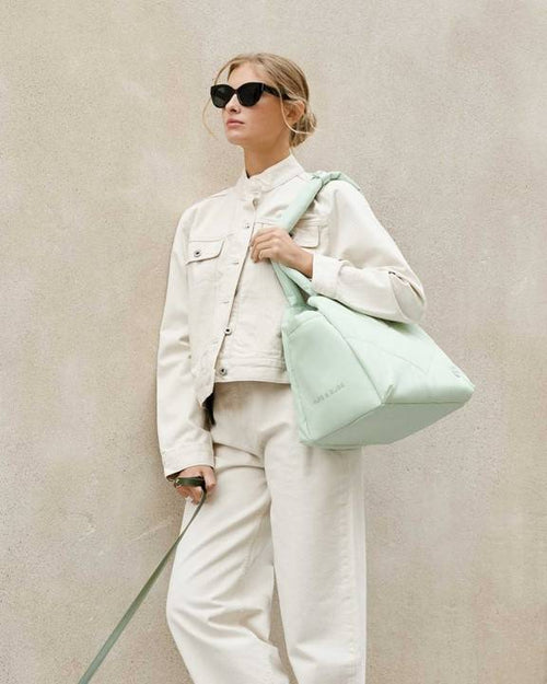 Comfortable mint green pet carrier for dogs like Chihuahuas and Dachshunds on the go.