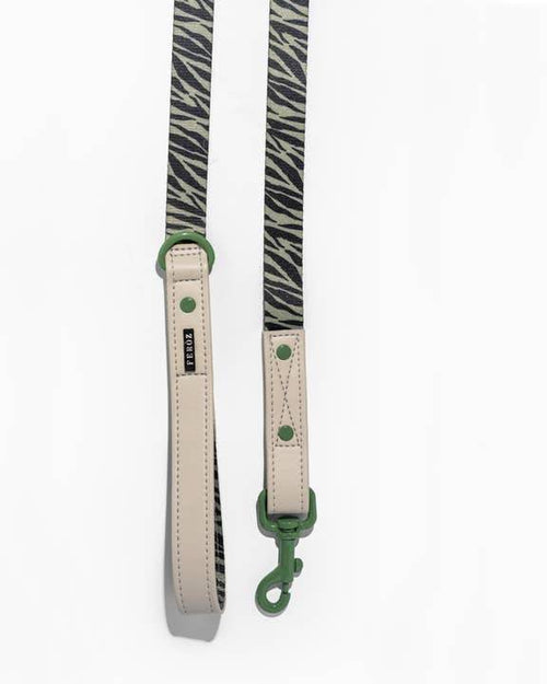 Elegant green zebra dog leash, great for fashionable dogs like Dachshunds and Chihuahuas.