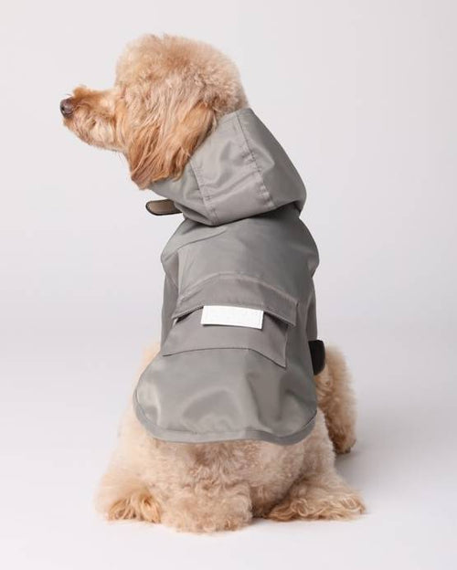 Functional and waterproof gunmetal dog raincoat, perfect for Pugs or French Bulldogs.