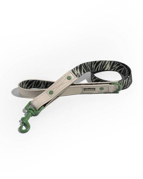 Stylish green zebra print leash for dogs, ideal for trendy pups like Pugs and Schnauzers.