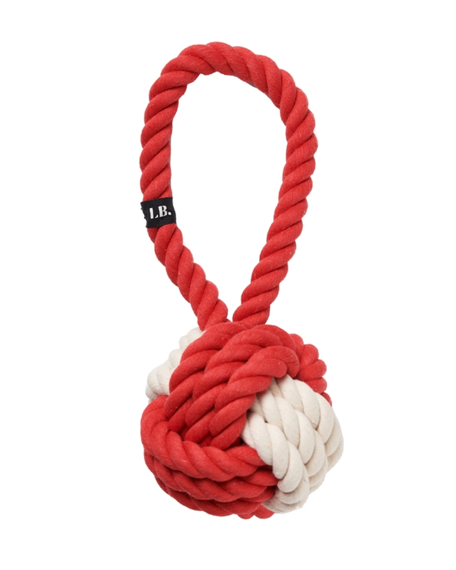 Red and white rope toy, a great choice for small to medium-sized dogs like Schnauzers and Pugs.