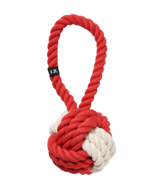 Red and white rope toy, a great choice for small to medium-sized dogs like Schnauzers and Pugs.
